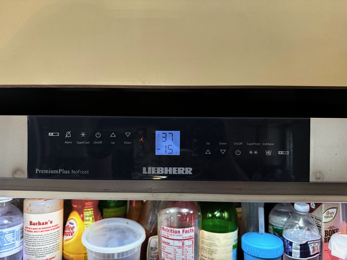 Liebherr refrigerator control panel showing fridge and freezer temperatures during a service check — Appliance Rescue Team serves Westwood, NJ