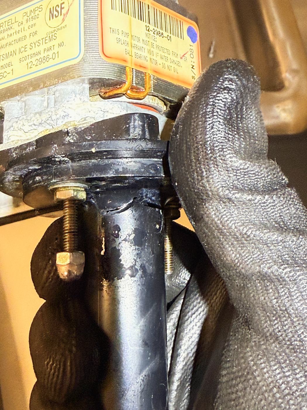 The pump out. A Hartell badged for Scotsman — not the part this Manitowoc left the factory with, and fitted long before we arrived
