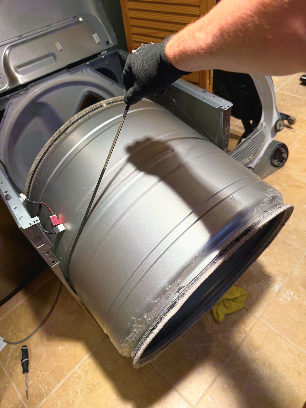 The drum lifted out, with lint worked into the felt seal all the way around it